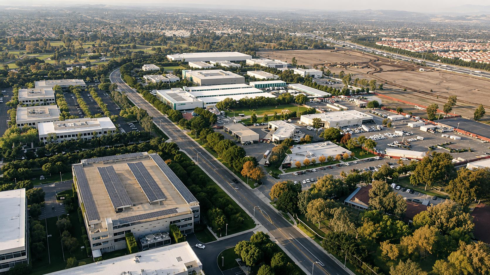 Aerial photo of a suburban business park with low-rise offices, solar-roofed buildings and a highway