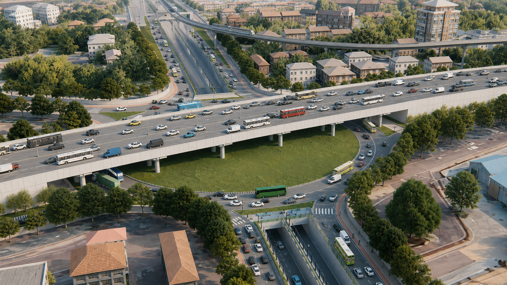 Aerial render of an elevated highway flyover with buses and cars crossing over an urban interchange