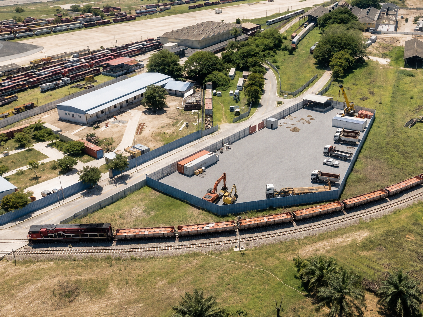 Aerial photo of a rail freight yard with cargo train, container stacks and excavators in a fenced site