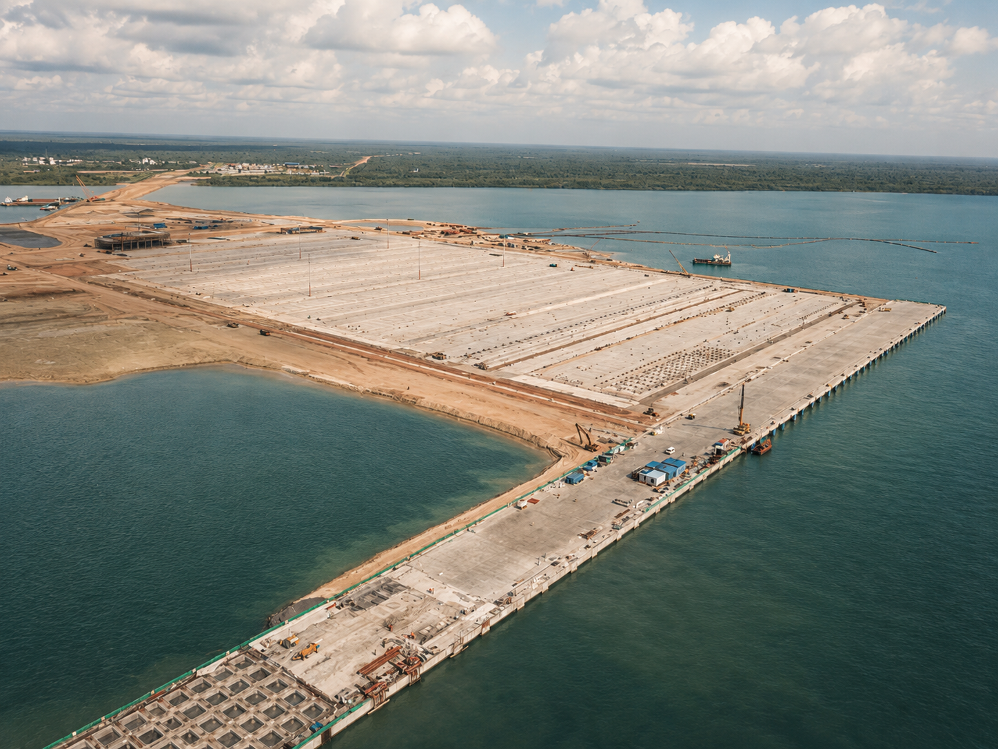 Aerial photo of a deep-water port terminal under construction, with new concrete quay reaching into the sea