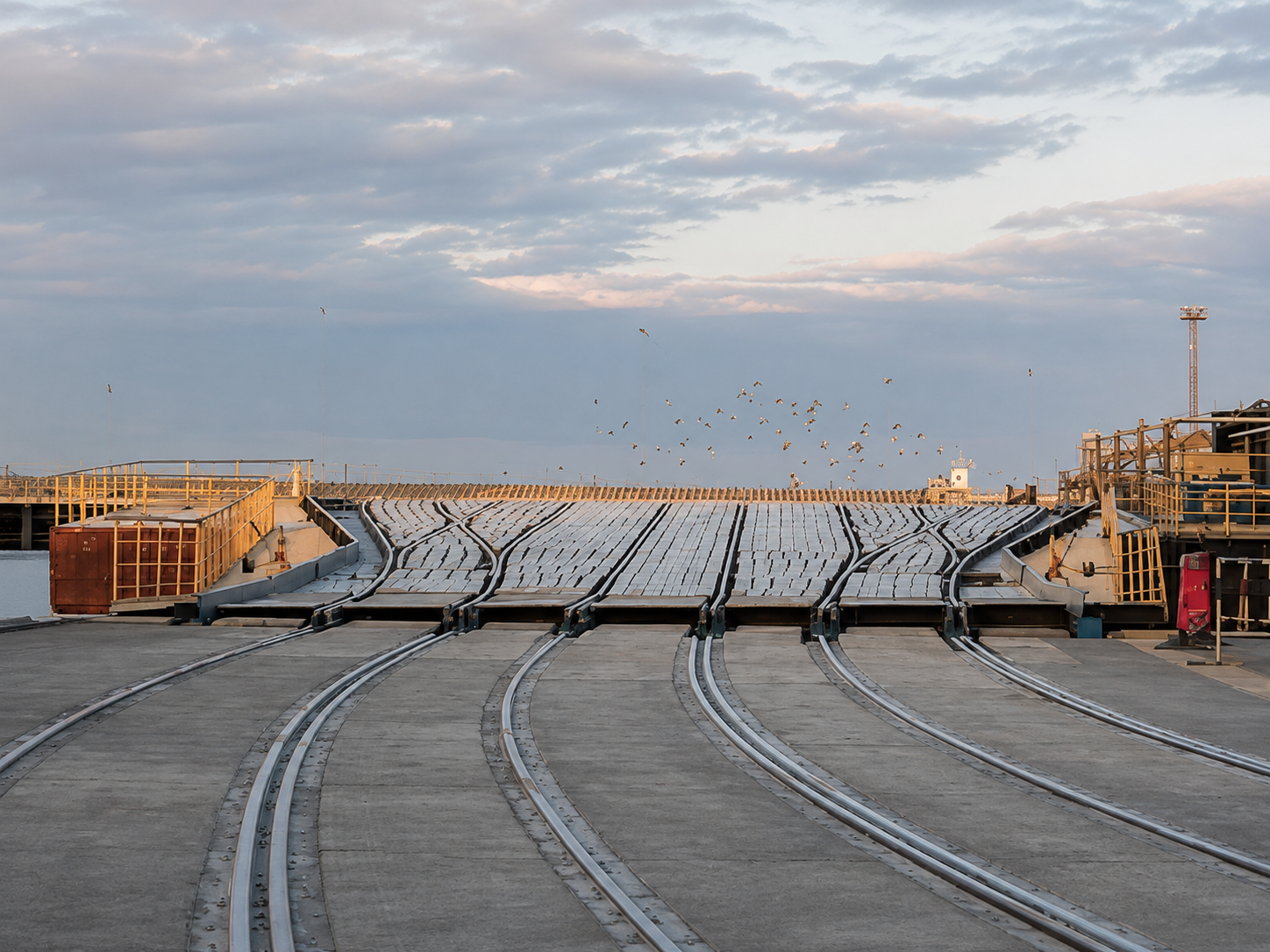 Ground-level photo of curved rail tracks converging on a port quay at dusk with birds overhead