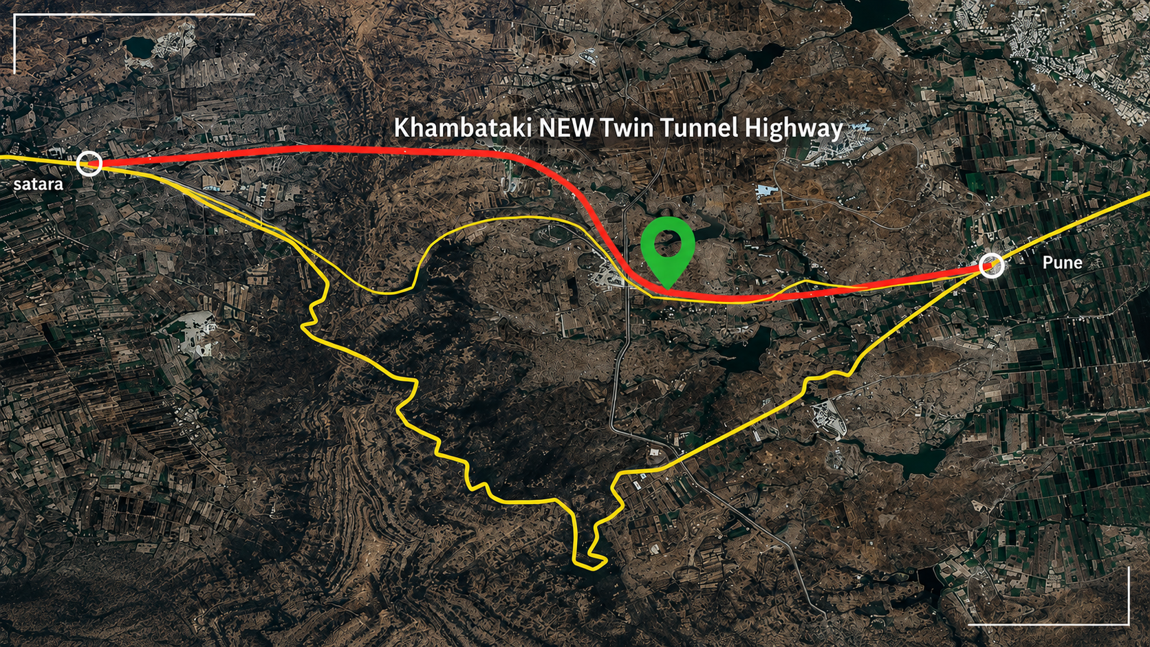 Satellite route map contrasting the new red Khambataki twin tunnel highway with the old yellow road between Satara and Pune