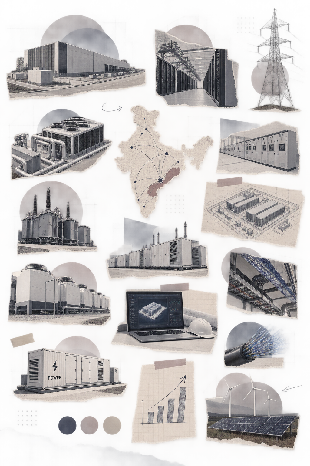 Collage of Indian data centre infrastructure: servers, cooling, transformers, power and India map