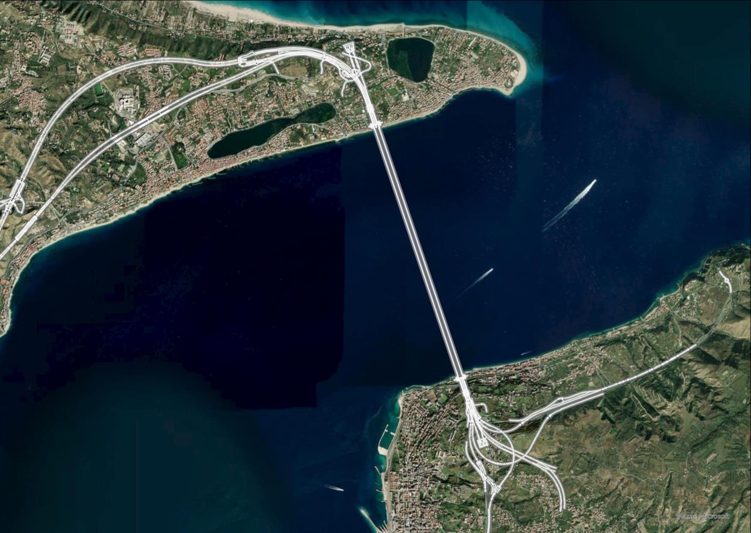 The bridge is planned as part of a wider network of roughly 40 km of road and rail connections on the Sicilian and Calabrian sides.