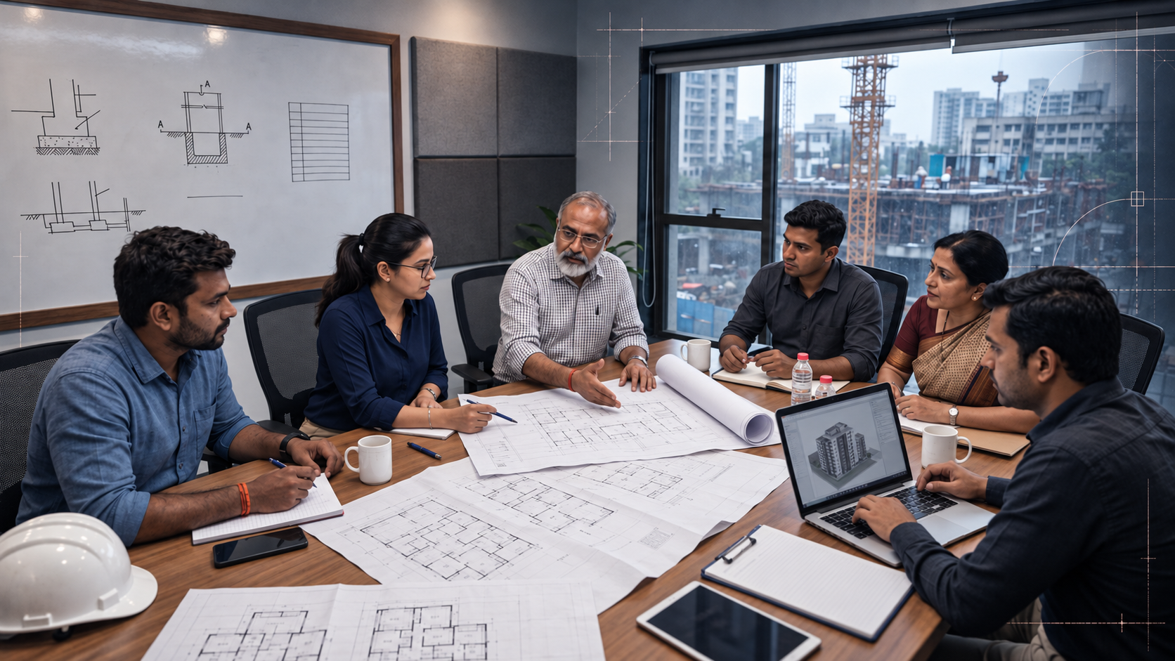 A multidisciplinary Indian project team reviews architectural drawings and a digital building model during a meeting overlooking an active construction site.