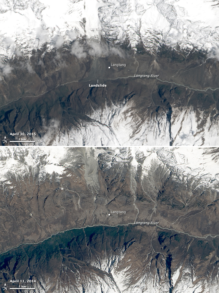 Satellite views of the Langtang Valley in Nepal before and after the 2015 landslide.