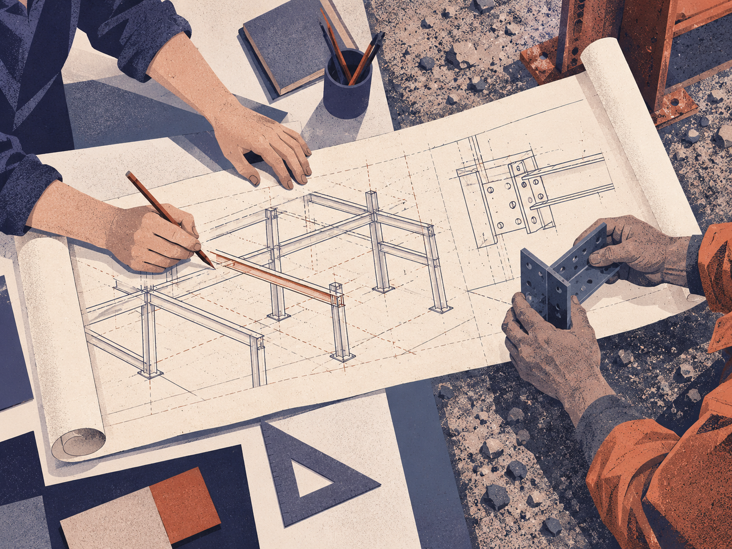Illustration of two project teams reviewing a structural drawing
