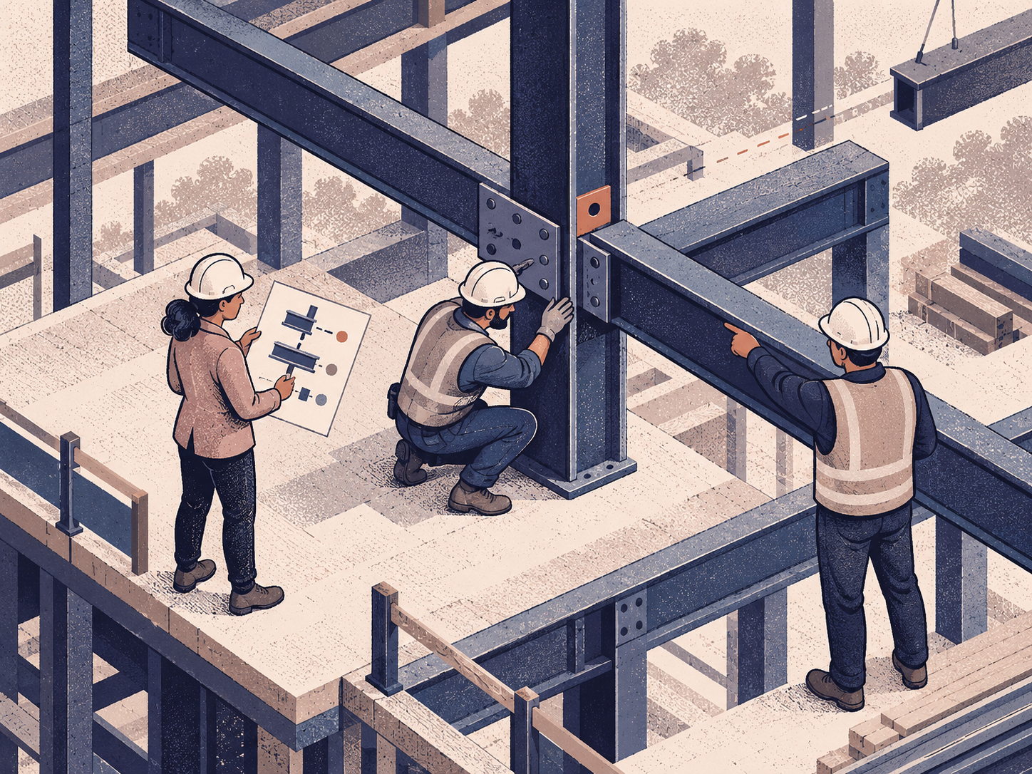 Illustration of a site team aligning a steel connection