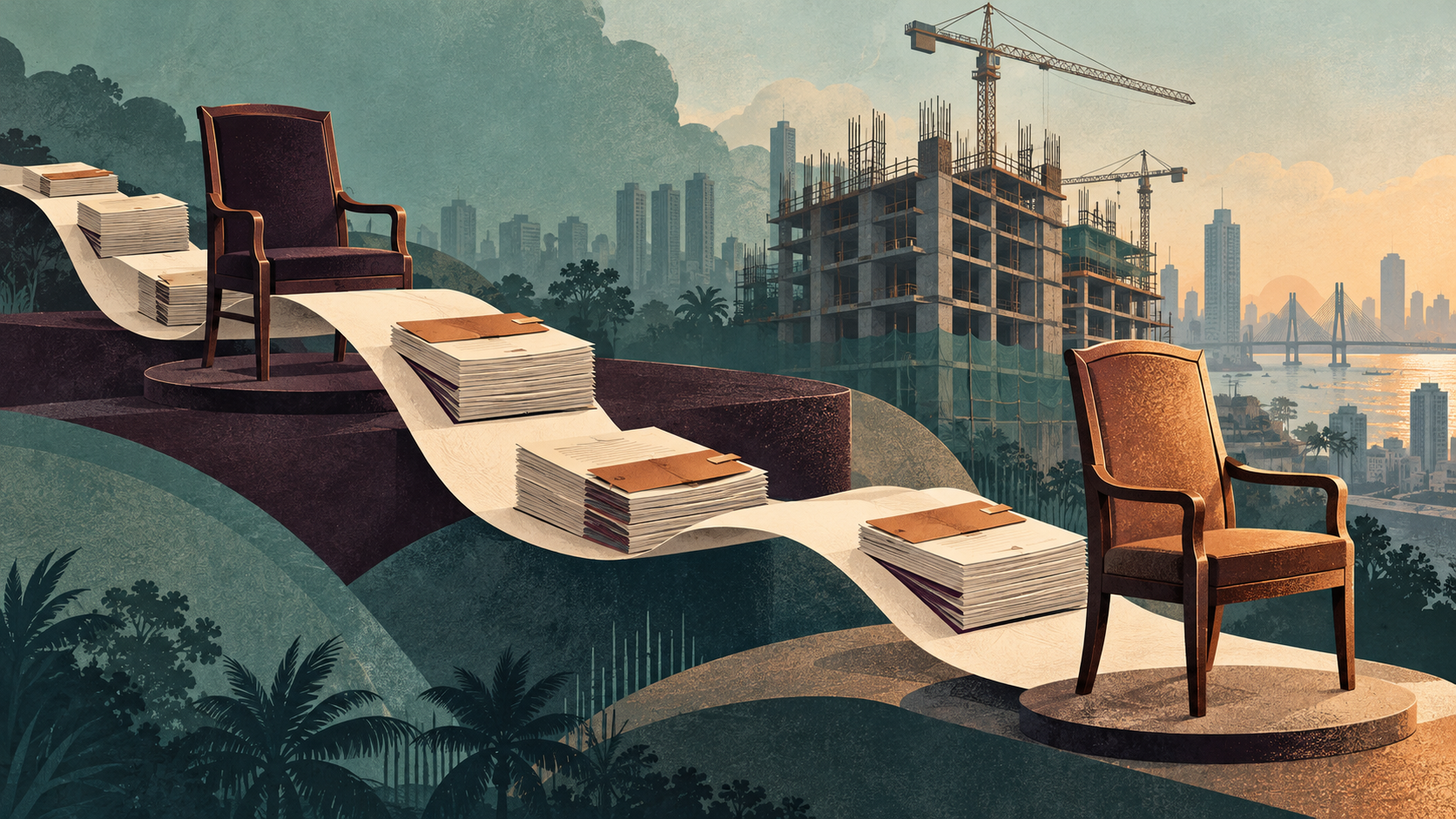 Editorial illustration of a continuous case record connecting two arbitrators’ chairs against a construction backdrop